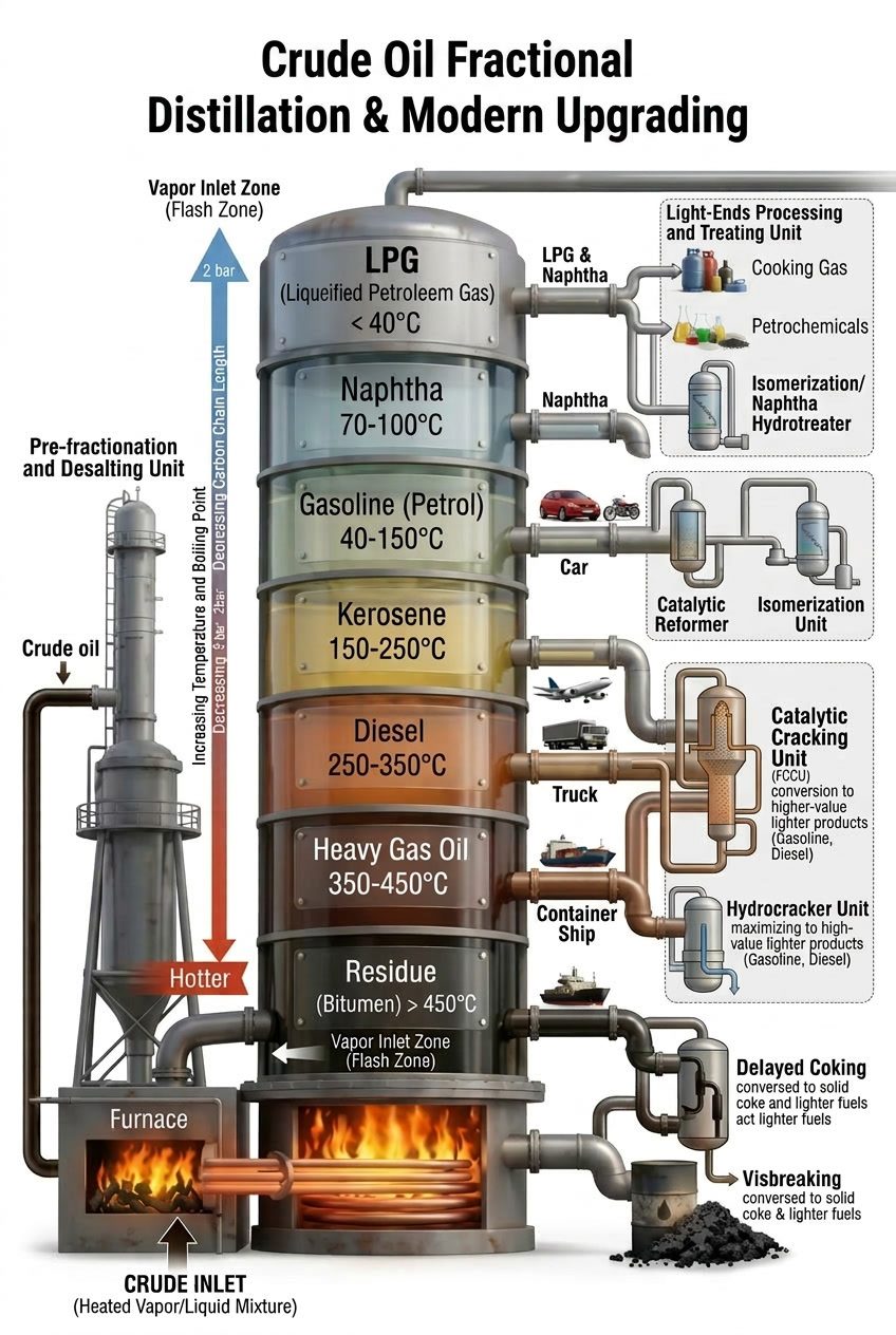 A diagram of crude oil fractional distillation