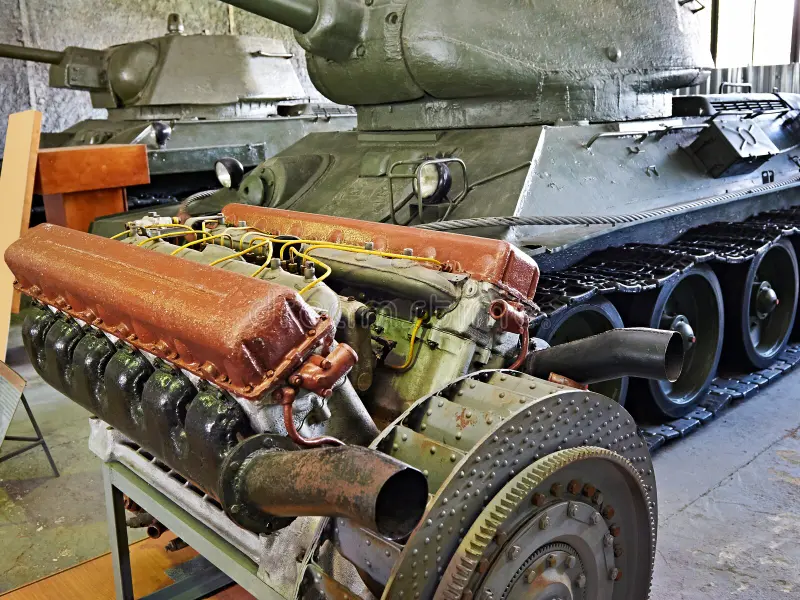 A Soviet T-34 tank's V-12 diesel engine