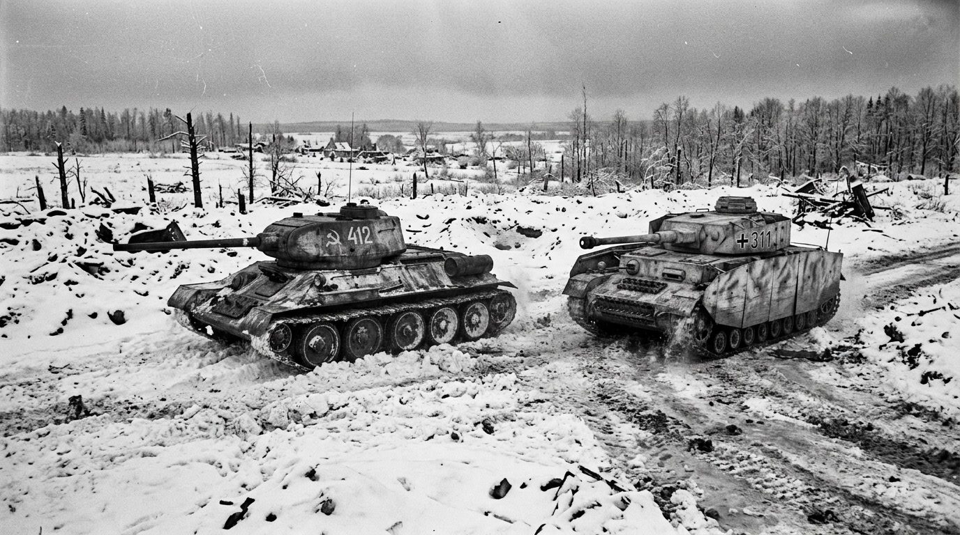 T-34 and Panzer IV tanks in winter snow