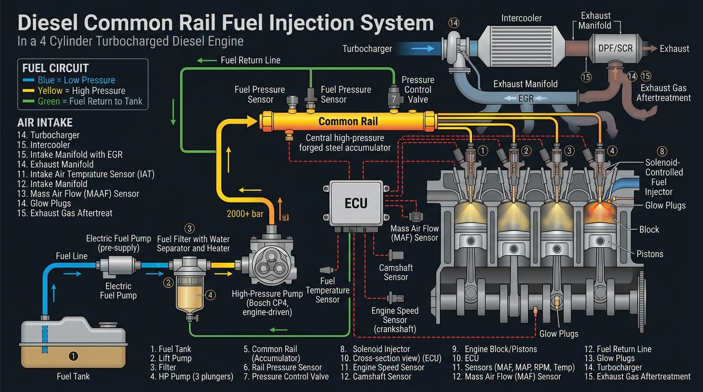 A diagram representing common rail fuel injection