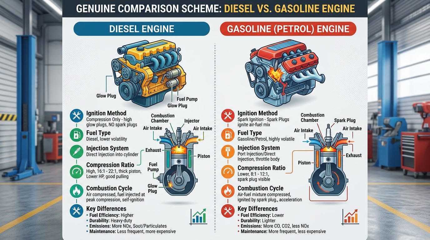 A diagram comparing diesel and gasoline engine cycles