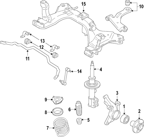 A diagram of a typical front suspension assembly