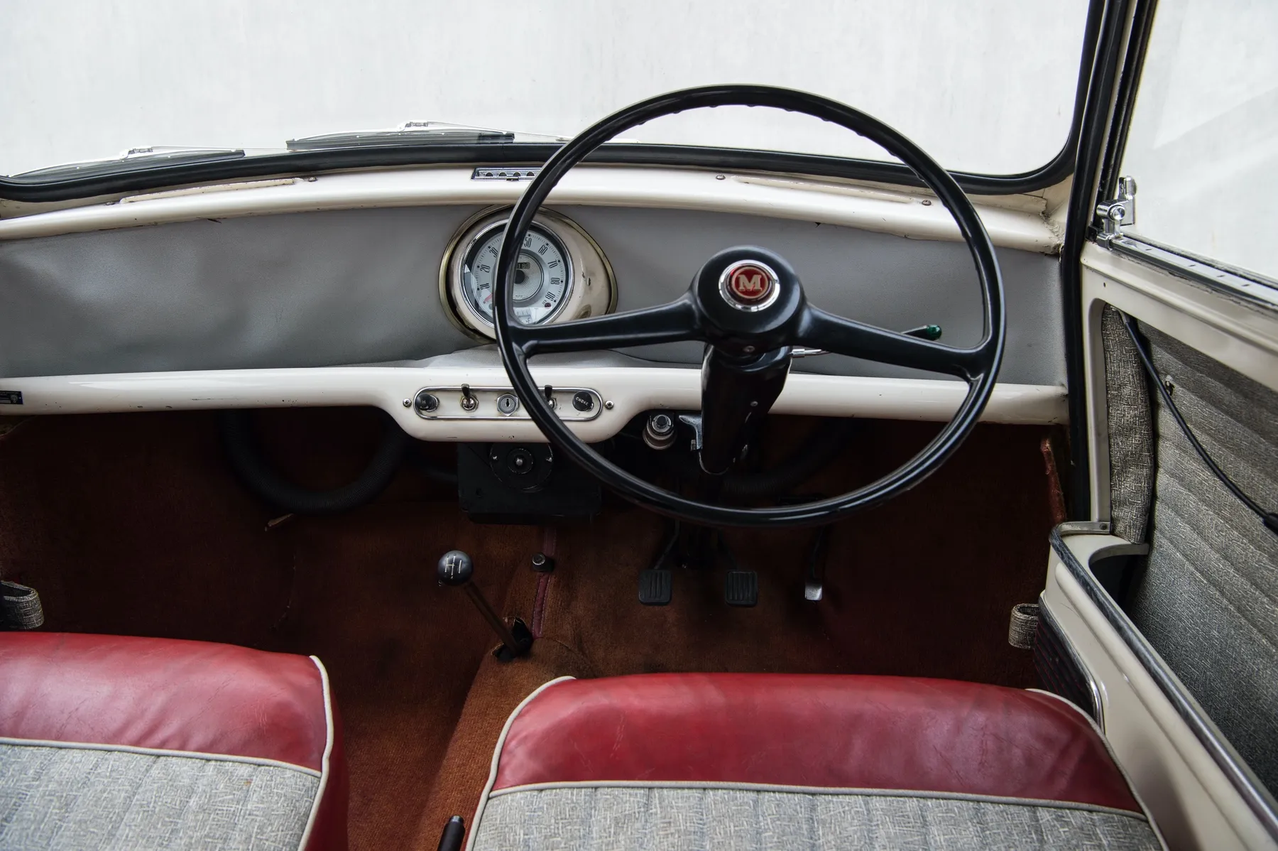 Original Mini interior — sliding windows, central speedo